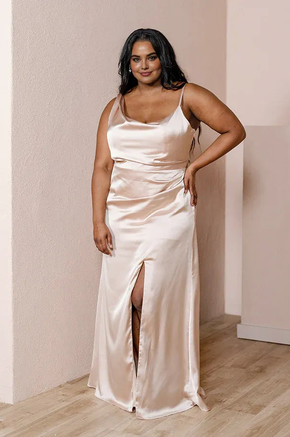 Chic Fitted Cowl Neck Sleeveless Satin Floor-Length Plus Size Prom Dress