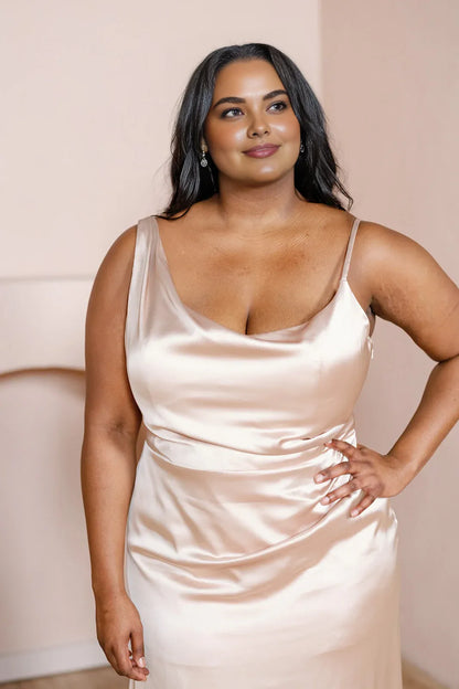 Chic Fitted Cowl Neck Sleeveless Satin Floor-Length Plus Size Prom Dress
