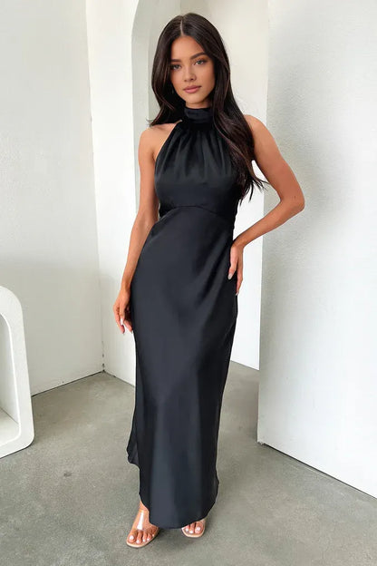 Simple Fitted High Neck Sleeveless Pleated Satin Floor-Length Prom Dress