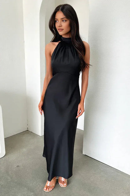 Simple Fitted High Neck Sleeveless Pleated Satin Floor-Length Prom Dress