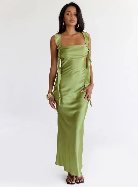 Simple Fitted Square Neck Sleeveless Satin Floor-Length Prom Dress