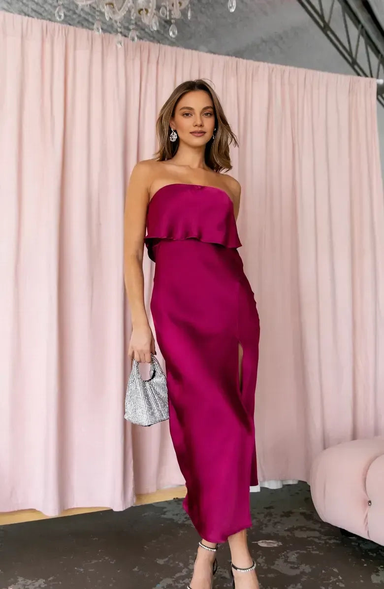 Simple Fitted Strapless Sleeveless Satin Tea-Length Prom Dress