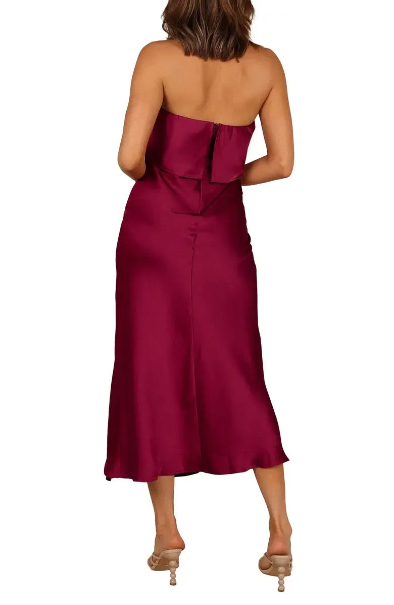 Simple Fitted Strapless Sleeveless Satin Tea-Length Prom Dress