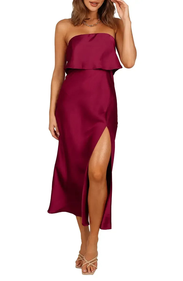 Simple Fitted Strapless Sleeveless Satin Tea-Length Prom Dress
