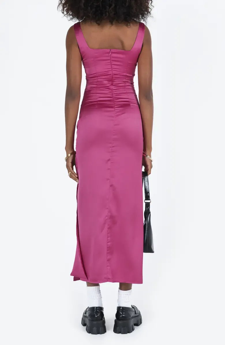 Simple Fitted V-Neck Sleeveless Satin Ankle-Length Prom Dress