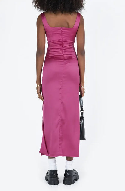 Simple Fitted V-Neck Sleeveless Satin Ankle-Length Prom Dress