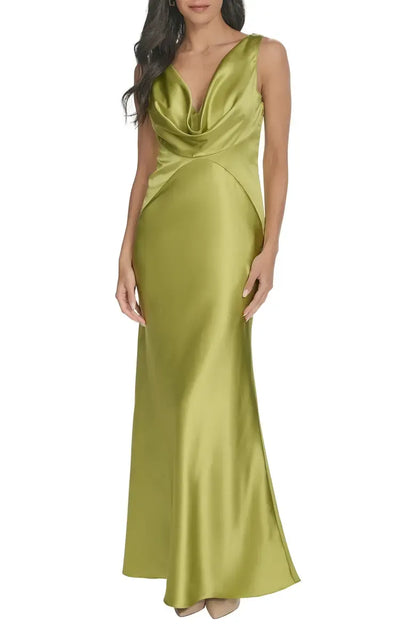 Simple Fitted V Neck Sleeveless Satin Floor-Length Prom Dress