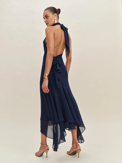 Dress Simple Halter High Neck Sleeveless A-line Prom Dress Maxi Dress Pleated Backless Asymmetrical Hem Evening Dress