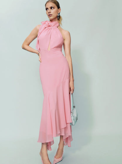 Dress Simple Halter High Neck Sleeveless A-line Prom Dress Maxi Dress Pleated Backless Asymmetrical Hem Evening Dress