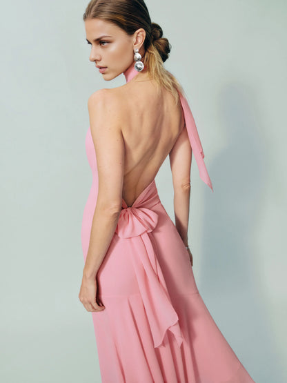 Dress Simple Halter High Neck Sleeveless A-line Prom Dress Maxi Dress Pleated Backless Asymmetrical Hem Evening Dress