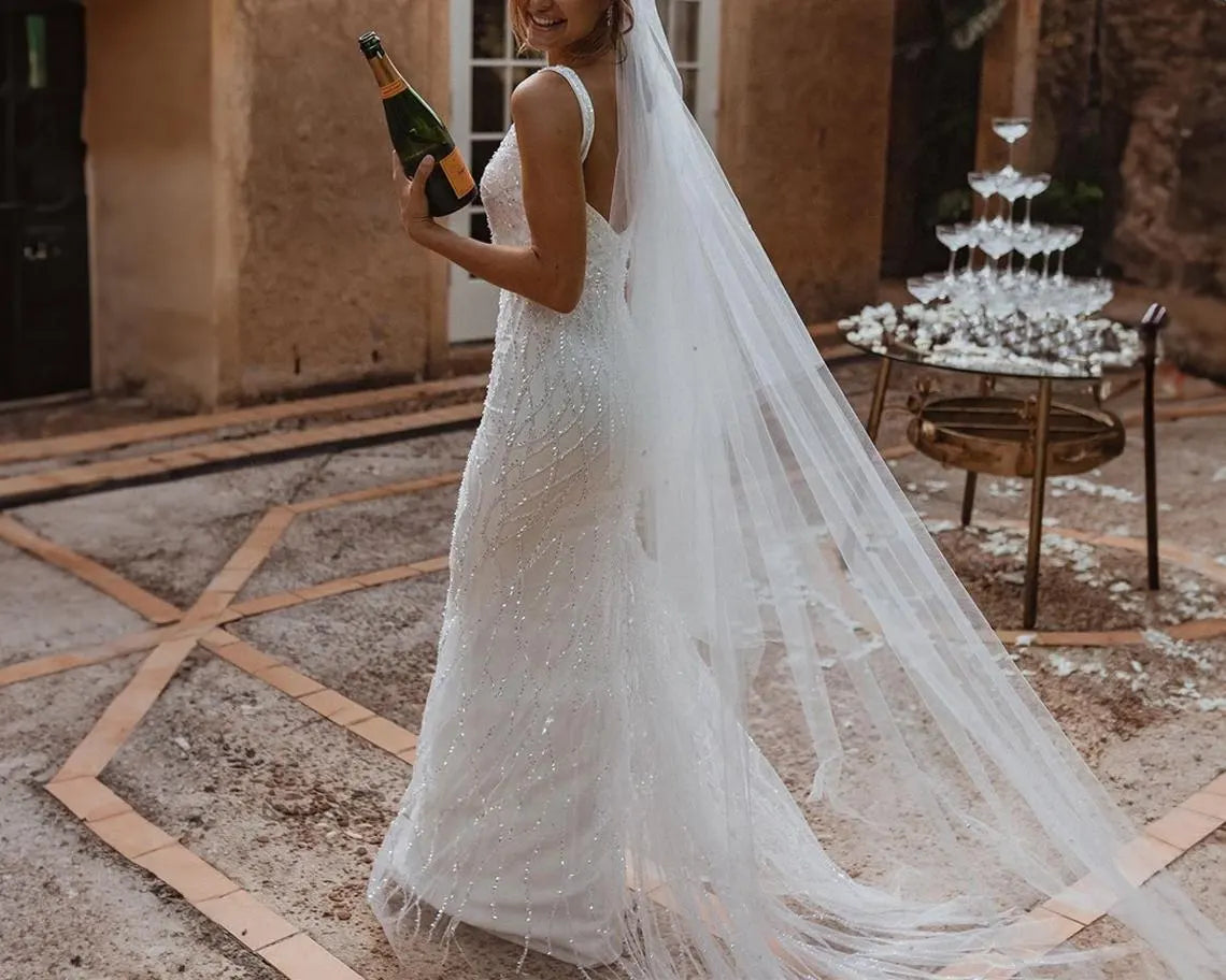 Simple Low Back Wedding Dress Sequin Square Neck Sleeveless Bridal Gown Low Back Tulle Beaded Dress Mermaid Wedding Dress Backless Bridal dress