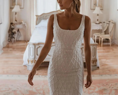 Simple Low Back Wedding Dress Sequin Square Neck Sleeveless Bridal Gown Low Back Tulle Beaded Dress Mermaid Wedding Dress Backless Bridal dress
