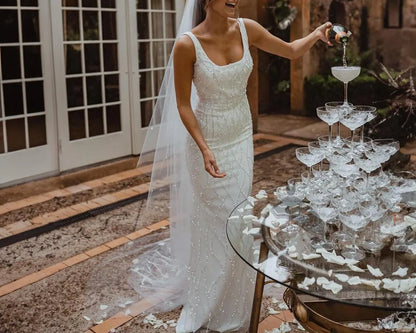 Simple Low Back Wedding Dress Sequin Square Neck Sleeveless Bridal Gown Low Back Tulle Beaded Dress Mermaid Wedding Dress Backless Bridal dress