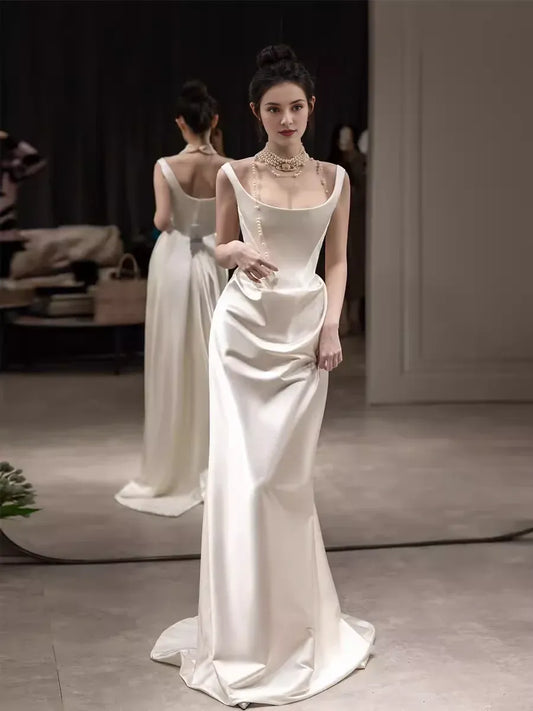 Simple Mermaid Floor Length Sleeveless Off The Shoulder White Prom Dresses Evening Dress