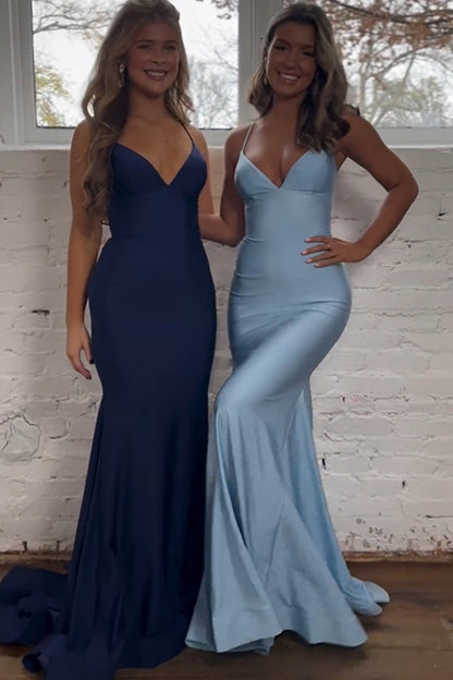 Pretty Mermaid Spaghetti Straps Lace Up Back Long Satin Prom Dress