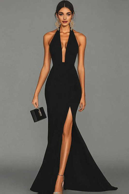 Simple Mermaid/Trumpet Halter Neck Sleeveless Satin Sweep/Brush Train Evening Dress