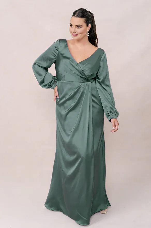 Simple Mermaid V Neck Long Sleeve Satin Floor-Length Plus Size Prom Dress