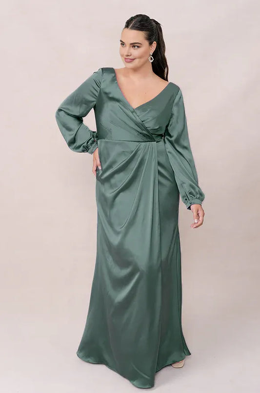 Simple Mermaid V Neck Long Sleeve Satin Floor-Length Plus Size Prom Dress