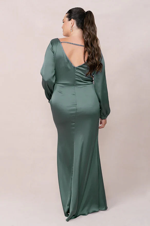Simple Mermaid V Neck Long Sleeve Satin Floor-Length Plus Size Prom Dress
