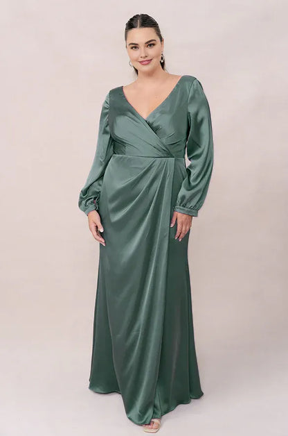 Simple Mermaid V Neck Long Sleeve Satin Floor-Length Plus Size Prom Dress