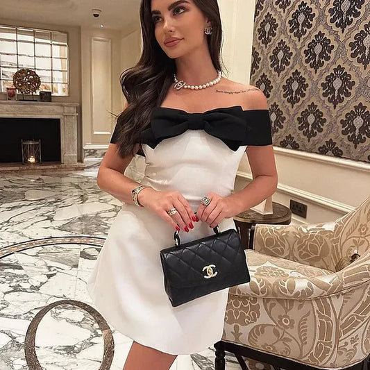 Simple Off Shoulder Sleeveless A-Line Bow knot Satin Short-Mini Homecoming Dress
