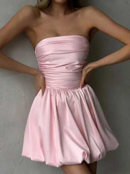 Simple Off Shoulder Sleeveless A-Line Pleated Satin Short-Mini Homecoming Dress