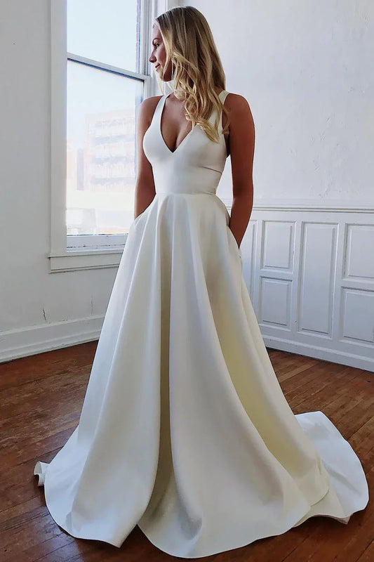 Simple Satin Minimalist Deep V Neck Floor Length Sleeveless Wedding Dresses With Pockets Bow