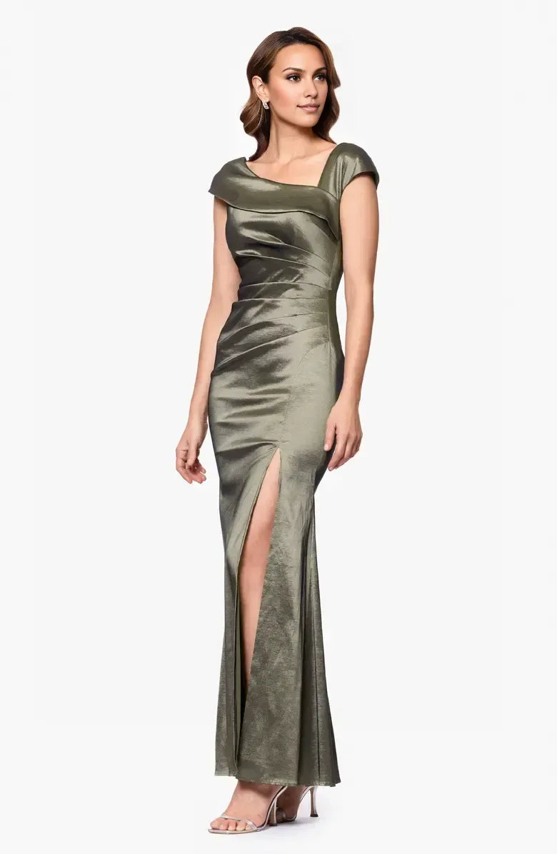 Simple Sheath Asymmetric Neck Cap Sleeve Satin Ankle-Length Prom Dress
