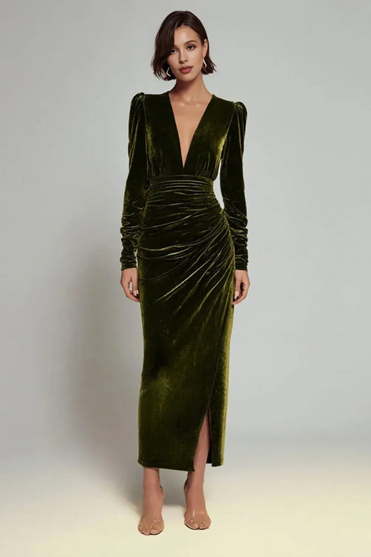 Simple Sheath/Column Deep V-Neck Long Sleeve Velvet Ankle-Length Evening Dress