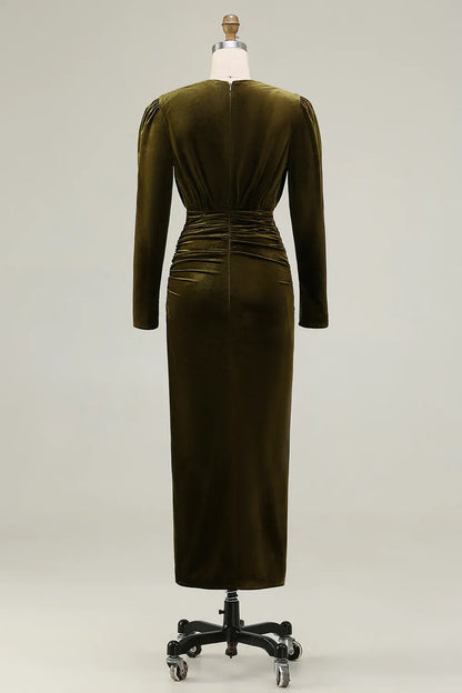 Simple Sheath/Column Deep V-Neck Long Sleeve Velvet Ankle-Length Evening Dress