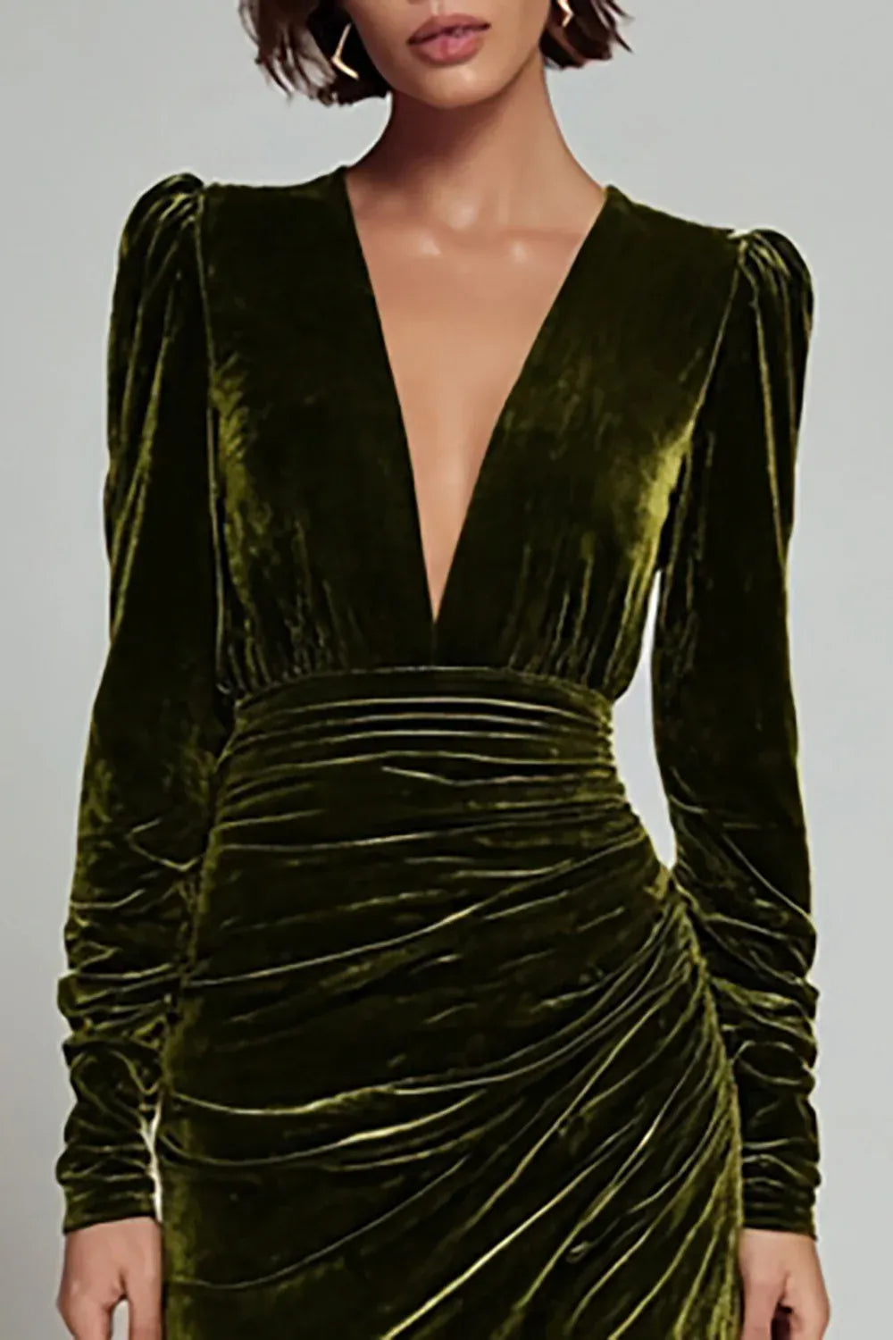 Simple Sheath/Column Deep V-Neck Long Sleeve Velvet Ankle-Length Evening Dress