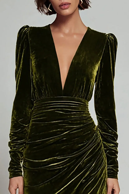Simple Sheath/Column Deep V-Neck Long Sleeve Velvet Ankle-Length Evening Dress
