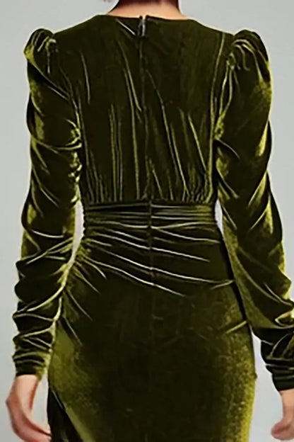 Simple Sheath/Column Deep V-Neck Long Sleeve Velvet Ankle-Length Evening Dress