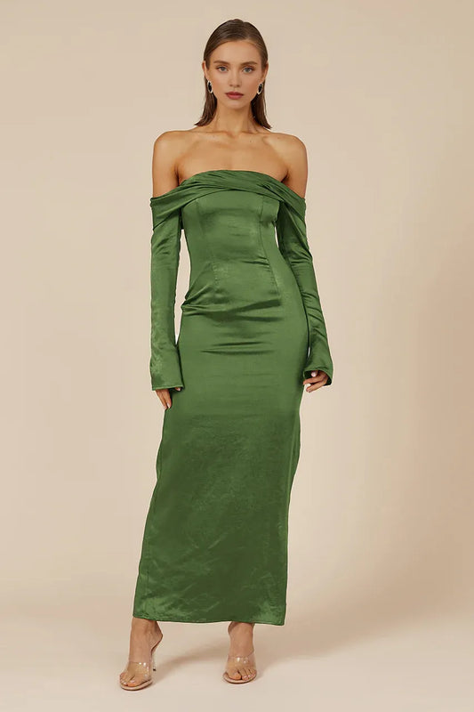 Simple Sheath/Column Off The Shoulder Long Sleeve Satin Ankle-Length Prom Dress