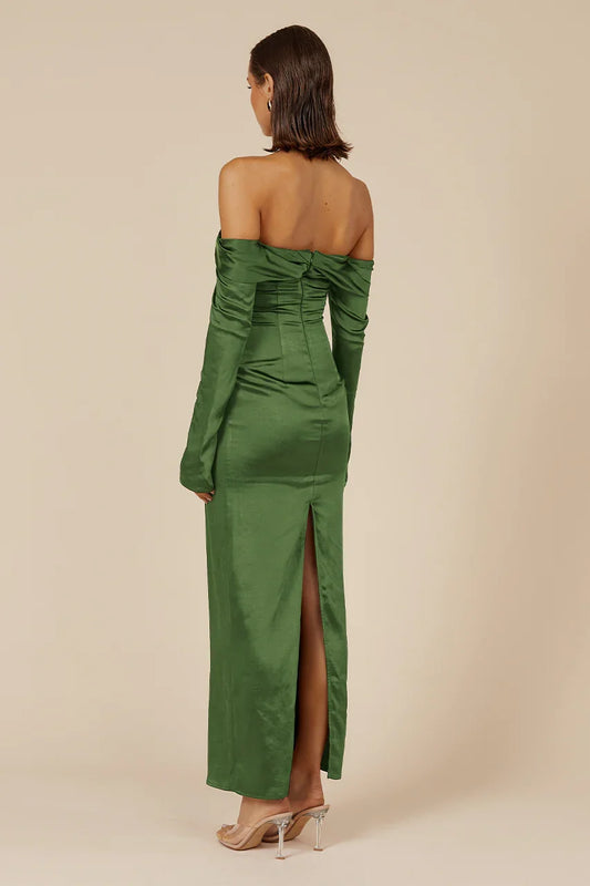 Simple Sheath/Column Off The Shoulder Long Sleeve Satin Ankle-Length Prom Dress