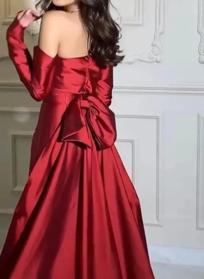 Simple Sheath/Column Off the Shoulder Long Sleeves Bow Satin Floor-Length Evening Dress