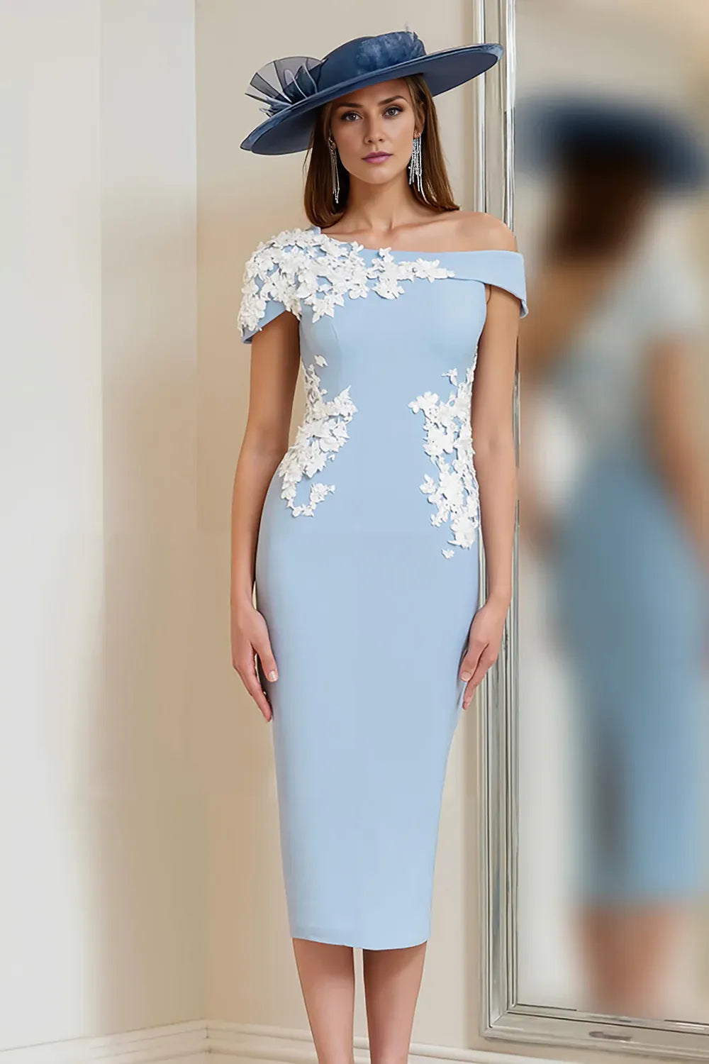 Simple Sheath/Column One Shoulder Sleeveless Backless Tea-Length Mother of the Bride Dress