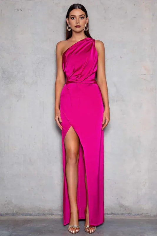 Chic Sheath/Column One Shoulder Sleeveless Satin Floor-Length Prom Dress