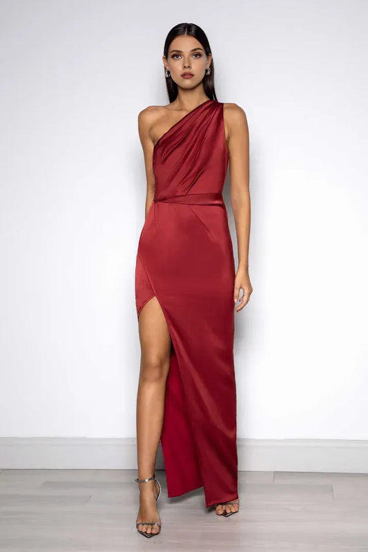 Simple Sheath/Column One Shoulder Sleeveless Satin Floor-Length Prom Dress