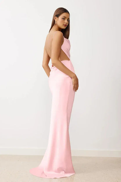 Simple Sheath/Column Spaghetti Straps Sleeveless Satin Floor-Length Prom Dress