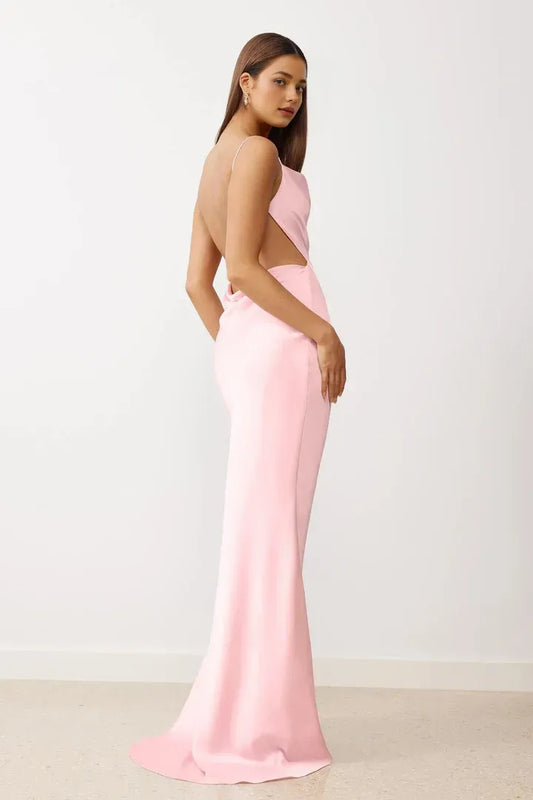 Simple Sheath/Column Spaghetti Straps Sleeveless Satin Floor-Length Prom Dress
