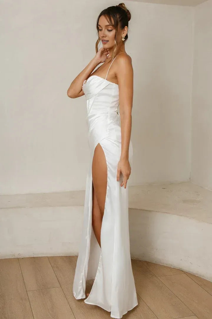 Simple Sheath/Column Spaghetti Straps Sleeveless Satin Floor-Length Wedding Dress