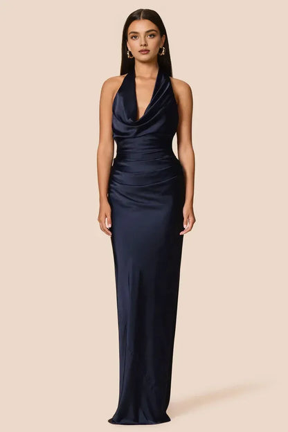 Simple Sheath Halter Cowl Neck Sleeveless Satin Floor-Length Prom Dress