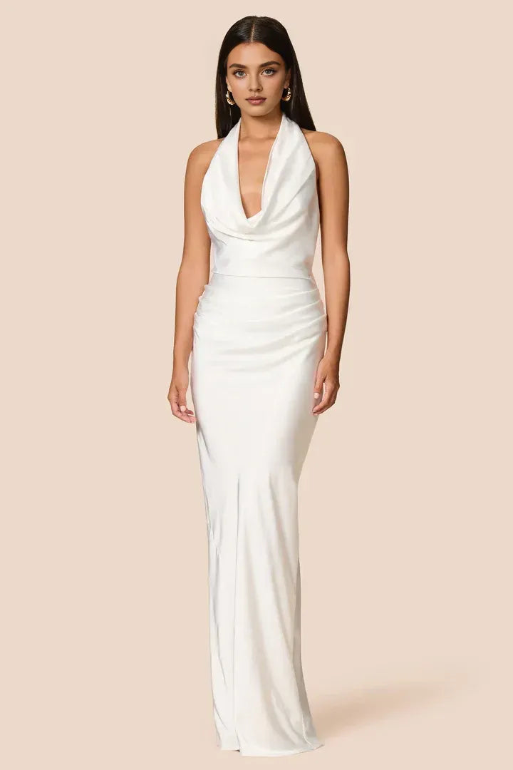 Simple Sheath Halter Cowl Neck Sleeveless Satin Floor-Length Prom Dress
