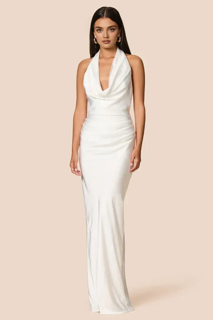 Simple Sheath Halter Cowl Neck Sleeveless Satin Floor-Length Prom Dress