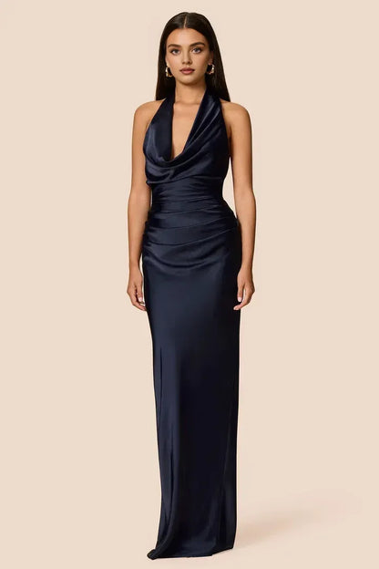 Simple Sheath Halter Cowl Neck Sleeveless Satin Floor-Length Prom Dress