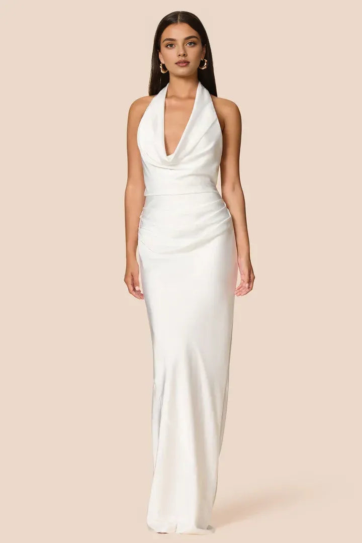 Simple Sheath Halter Cowl Neck Sleeveless Satin Floor-Length Prom Dress