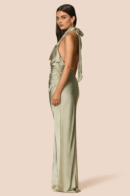 Simple Sheath Halter Cowl Neck Sleeveless Satin Floor-Length Prom Dress