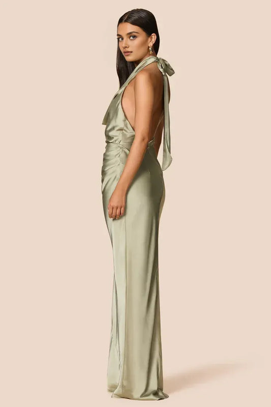 Simple Sheath Halter Cowl Neck Sleeveless Satin Floor-Length Prom Dress