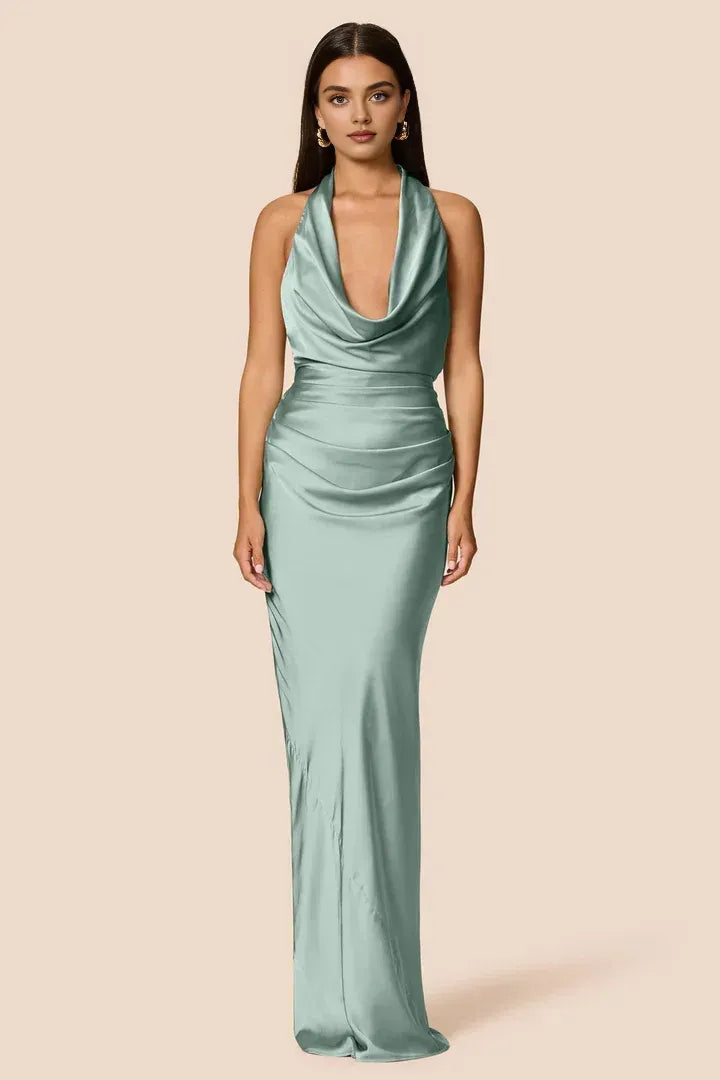 Simple Sheath Halter Cowl Neck Sleeveless Satin Floor-Length Prom Dress